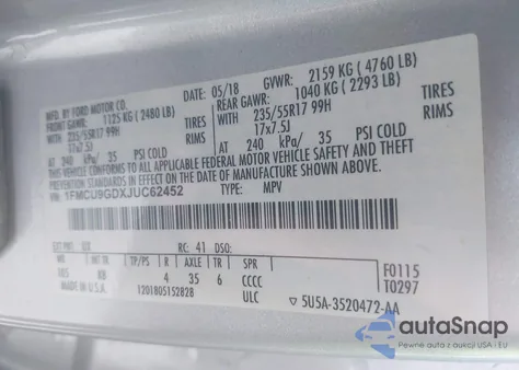 2018 Ford Escape Se z USA, uszkodzony, nr VIN 1FMCU9GDXJUC62452